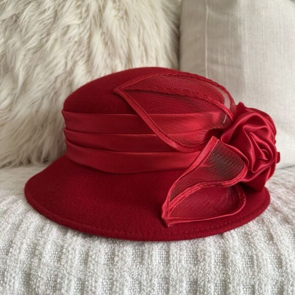 Fancy Women's Hat 100% Wool Red 3D Intricate Rose Bow Event Party Derby - Picture 4 of 12